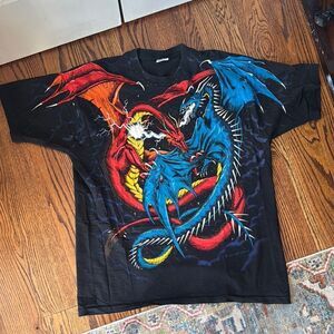 Vintage Liquid Blue Dueling Dragons 1994 Double Sided Shirt AOP Rare Mens XXL DS